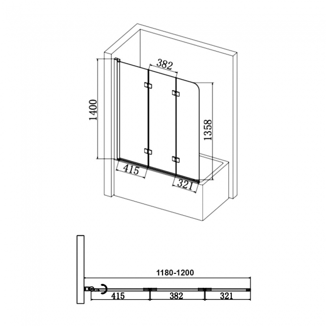 Verona Aquaglass+ Frameless 3 Folding Bath Screen 1400mm H x 1200mm W - 6mm Clear Glass