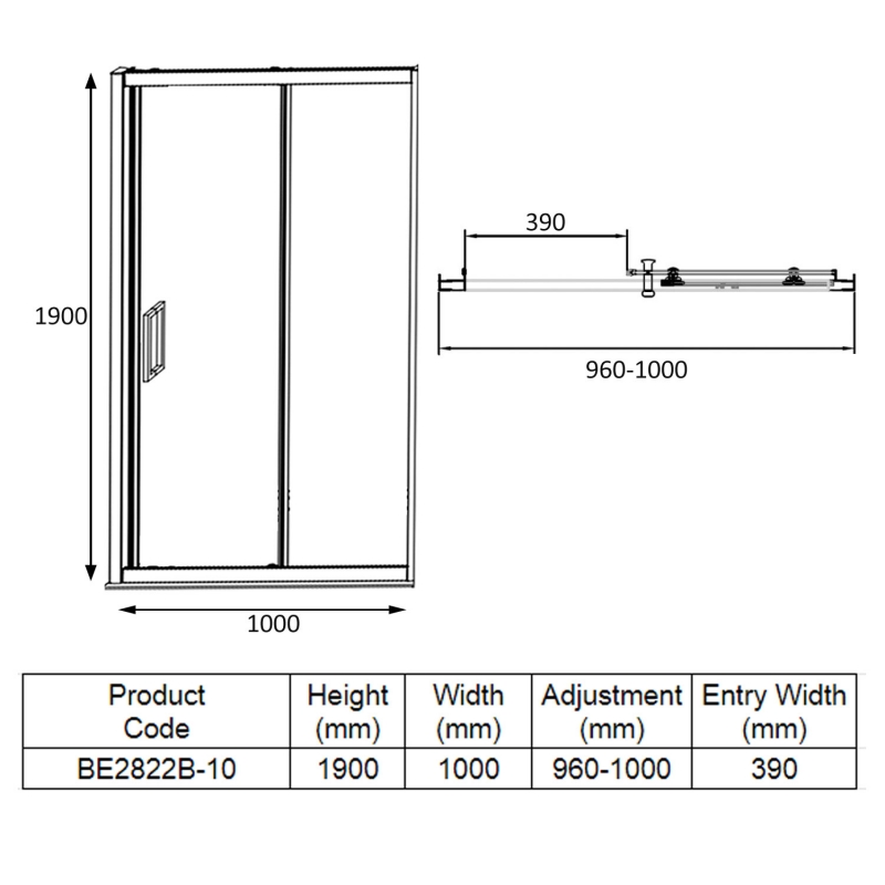 Verona Aquaglass Intro+ Sliding Shower Door 1000mm Wide - 8mm Glass