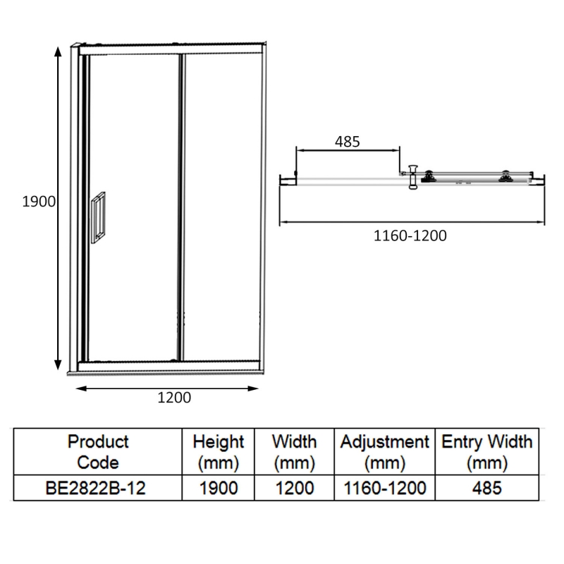 Verona Aquaglass Intro+ Sliding Shower Door 1200mm Wide - 8mm Glass