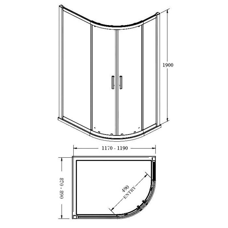 Verona Aquaglass Intro+ Offset Quadrant Shower Enclosure with Tray 1200mm x 900mm RH - 8mm Glass  | Dimension Image