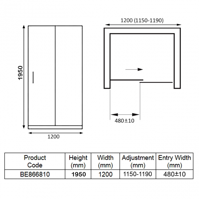 Verona Aquaglass Onyx Black Sliding Shower Door 1200mm Wide - 8mm Glass  | Dimension Image