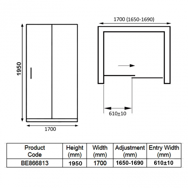 Verona Aquaglass Onyx Black Sliding Shower Door 1700mm Wide - 8mm Glass  | Dimension Image