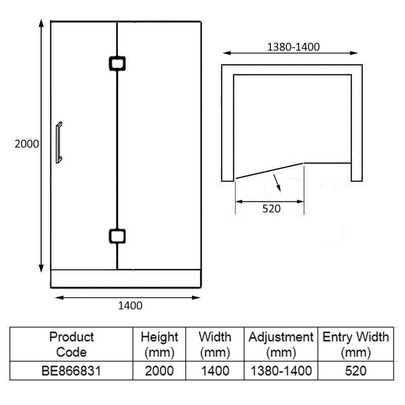 Verona Aquaglass Onyx Hinged Shower Door 1400mm BE866831
