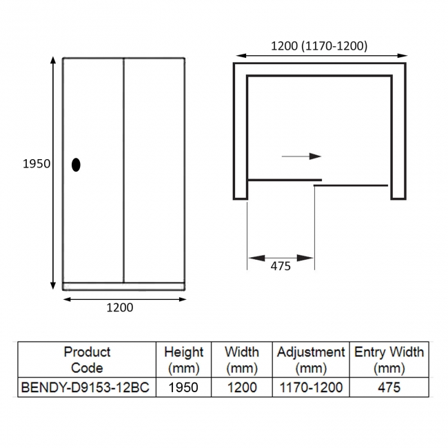 Verona Aquaglass+ Sphere Black Sliding Shower Door 1200mm Wide - 8mm Glass  | Dimension Image