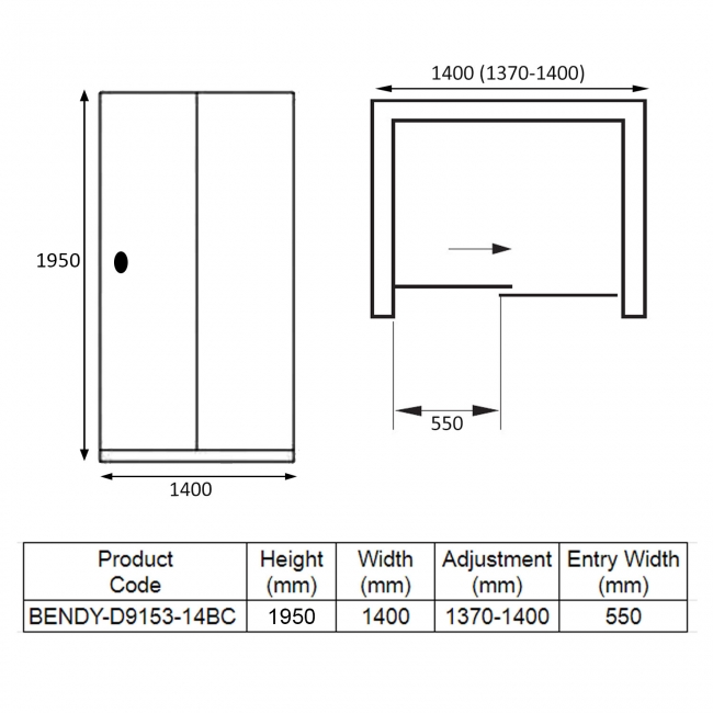 Verona Aquaglass+ Sphere Black Sliding Shower Door 1400mm Wide - 8mm Glass  | Dimension Image
