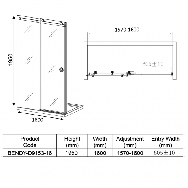 Verona Aquaglass+ Sphere Sliding Shower Door 1600mm Wide - 8mm Glass  | Dimension Image