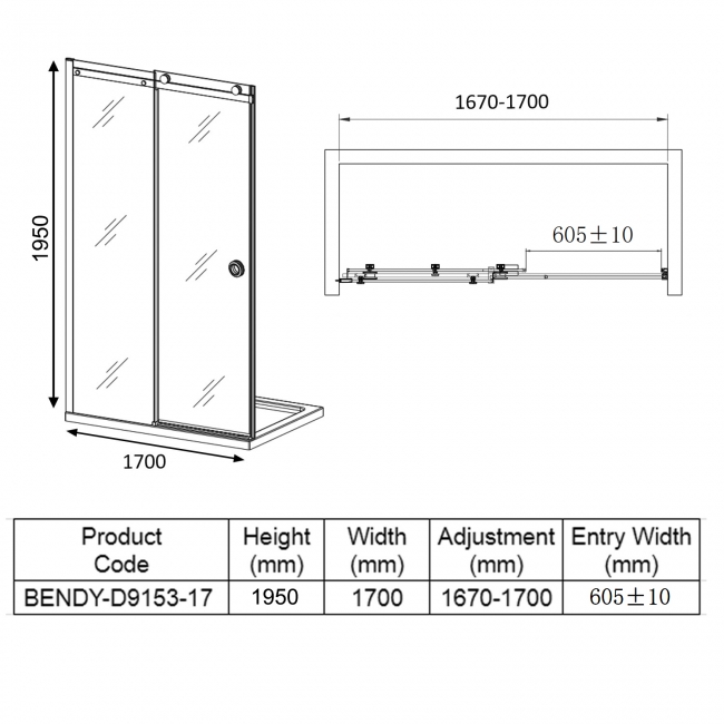 Verona Aquaglass+ Sphere Sliding Shower Door 1700mm Wide - 8mm Glass  | Dimension Image