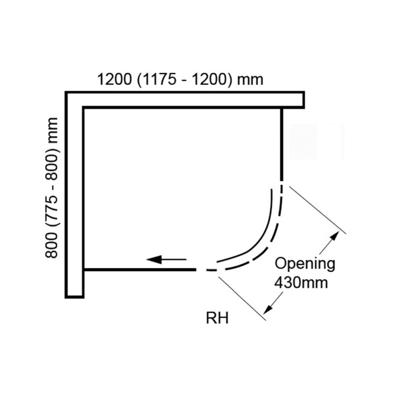 Verona Aquaglass+ Sphere Offset Quadrant Shower Enclosure 1200mm x 800mm RH - 8mm Glass  | Dimension Image
