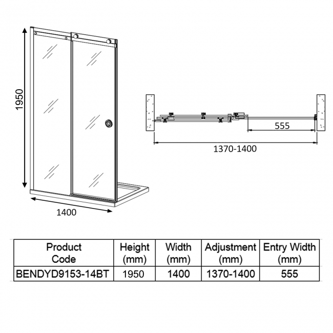 Verona Aquaglass+ Sphere Tinted Sliding Shower Door 1400mm Wide - 8mm Glass  | Dimension Image