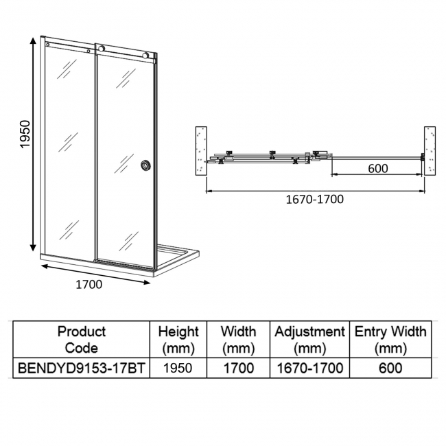 Verona Aquaglass+ Sphere Tinted Sliding Shower Door 1700mm Wide - 8mm Glass  | Dimension Image