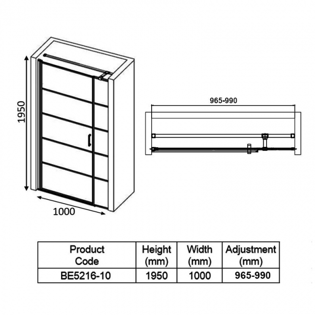 Verona Aquaglass Velar+ Inline Hinged Shower Door 1000mm Wide - 6mm Glass  | Dimension Image
