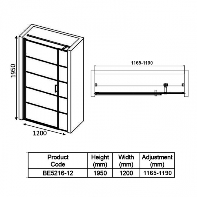 Verona Aquaglass Velar+ Inline Hinged Shower Door 1200mm Wide - 6mm Glass  | Dimension Image