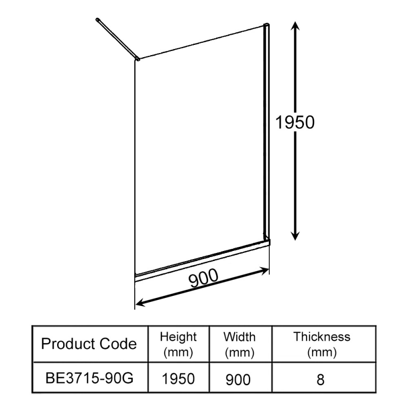 Verona Aquaglass Velar+ Brushed Brass Walk-in Shower Panel 900mm Wide with Support Bar - 8mm Glass  | Dimension Image