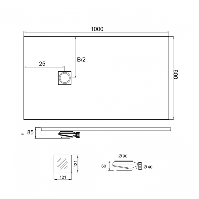 Verona Ardesia White Slate Effect Rectangular Shower Tray 1000mm x 800mm (inc Waste)  | Dimension Image
