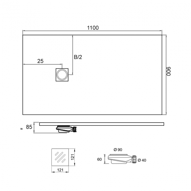 Verona Ardesia Anthracite Slate Effect Rectangular Shower Tray 1100mm x 900mm (inc Waste)  | Dimension Image