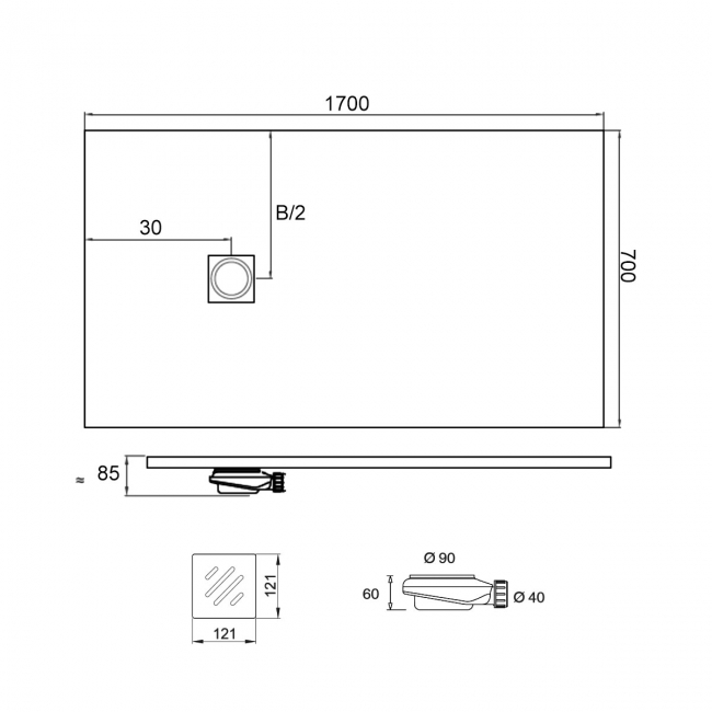 Verona Ardesia Anthracite Slate Effect Rectangular Shower Tray 1700mm x 700mm (inc Waste)  | Dimension Image