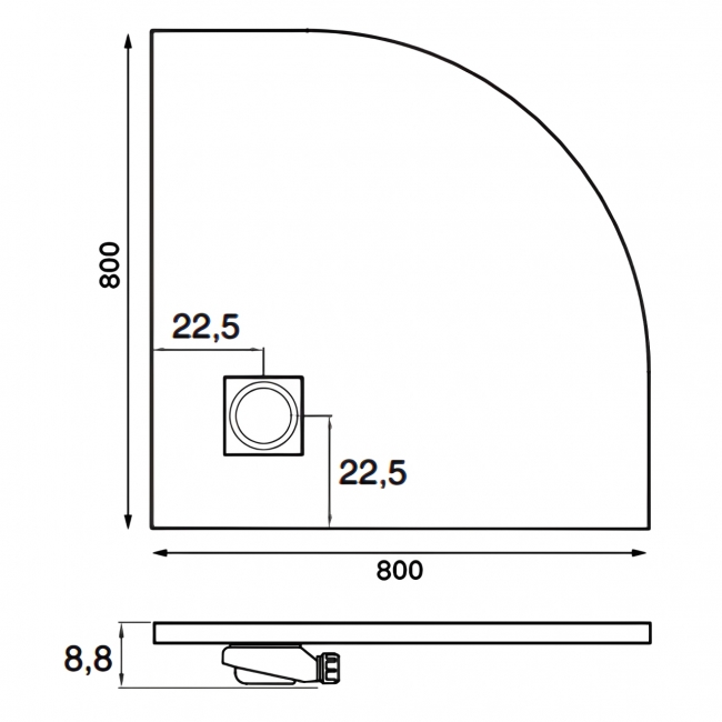Verona Ardesia Anthracite Slate Effect Quadrant Shower Tray 800mm x 800mm (inc Waste)  | Dimension Image