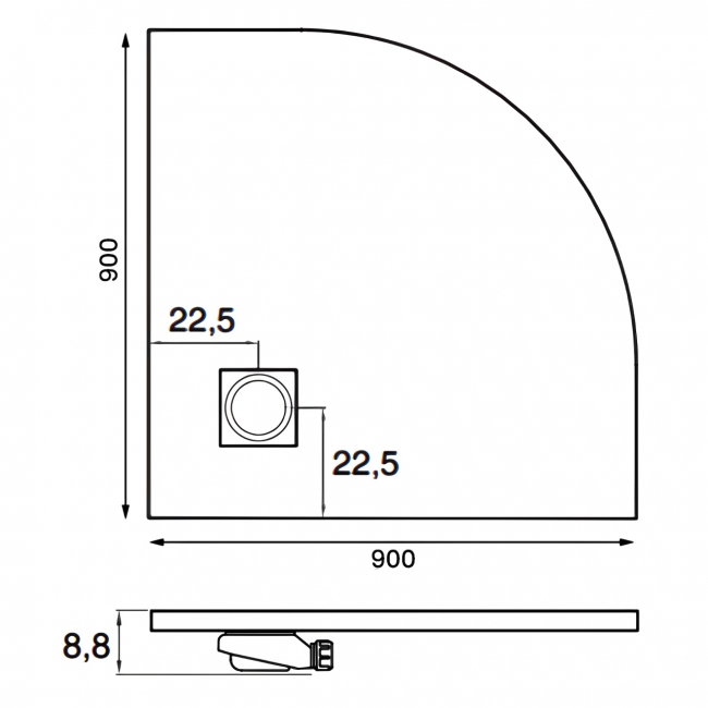 Verona Ardesia White Slate Effect Quadrant Shower Tray 900mm x 900mm (inc Waste)  | Dimension Image
