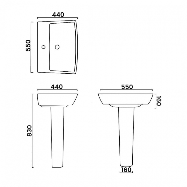 Verona Avenue Basin & Full Pedestal 550mm Wide 1 Tap Hole