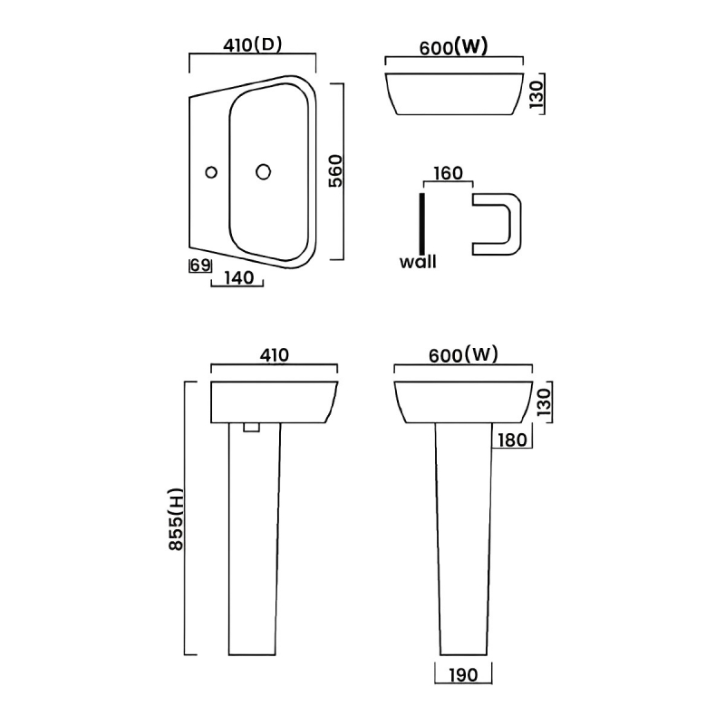 Verona Cubix Basin with Full Pedestal 600mm Wide - 1 Tap Hole
