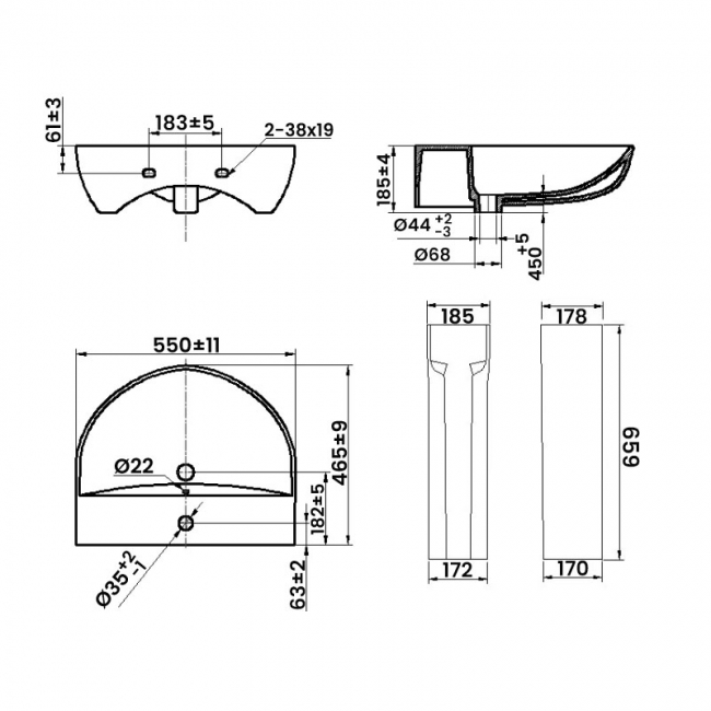 Verona Boulevard Basin & Full Pedestal 550mm Wide 1 Tap Hole