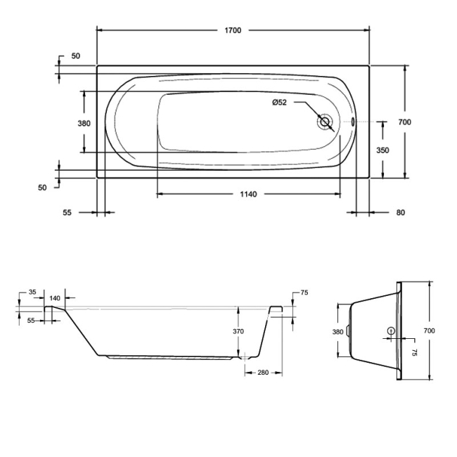 Verona Caymen Tungstenite Single Ended Rectangular Bath 1700mm x 700mm - Acrylic - 0 Tap Hole (inc Leg Set)  | Dimension Image
