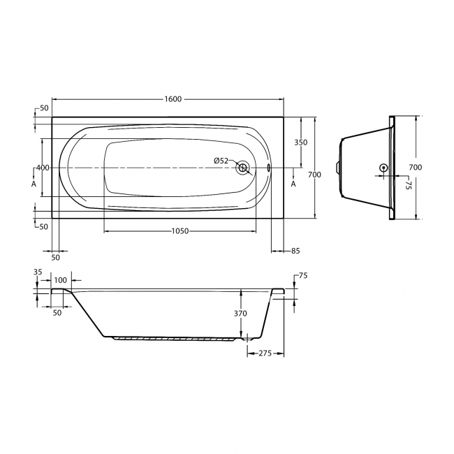 Verona Caymen Tungstenite Single Ended Rectangular Acrylic Bath 1600mm x 700mm - 0 Tap Hole (inc Leg Set)  | Dimension Image