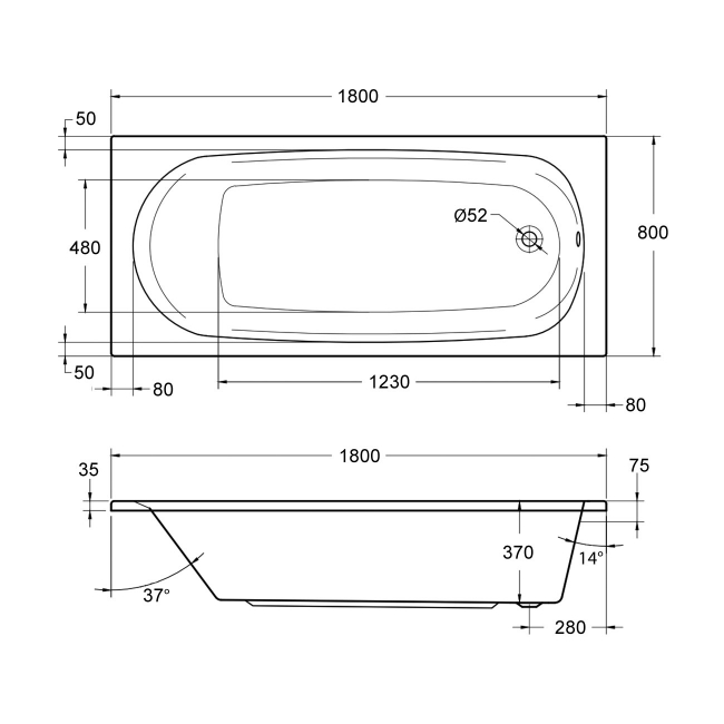 Verona Caymen Single Ended Rectangular Acrylic Bath 1800mm x 800mm
