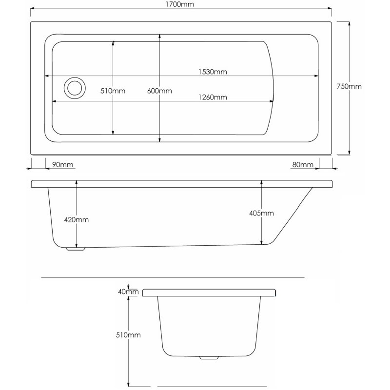 Verona Chic2 Tungstenite Rectangular Single Ended Bath 1700mm x 750mm Tungstenite - Acrylic (inc Leg Set)  | Dimension Image