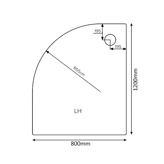 Verona Classic Deep Offset Quadrant Shower Tray 1200mm x 800mm Left Handed (inc Waste)  | Dimension Image