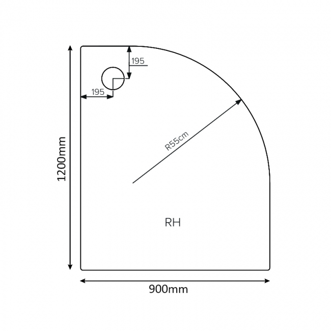 Verona Classic Deep Offset Quadrant Shower Tray 1200mm x 900mm Right Handed (inc Waste)  | Dimension Image