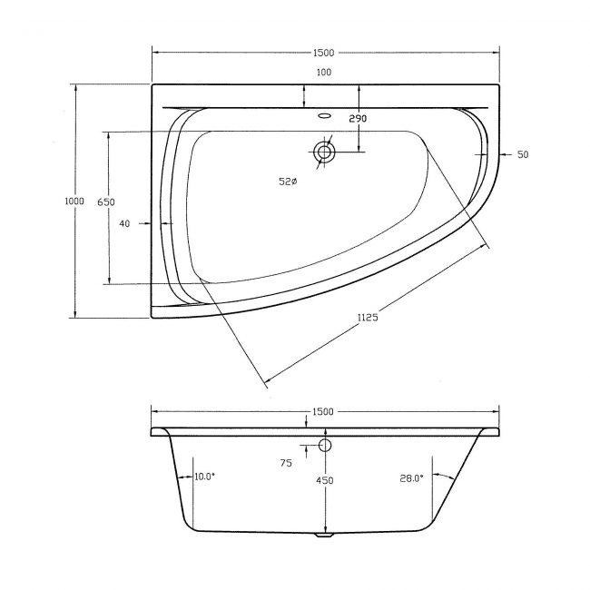 Verona Cleo Double Ended Offset Corner Bath 1500mm x 1000mm Left Handed (inc Wraparound Panel)  | Dimension Image