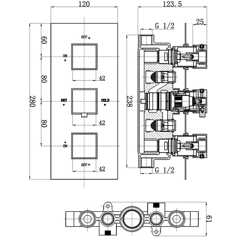 Verona Cube Concealed Thermostatic Shower Valve Triple Handle - Chrome