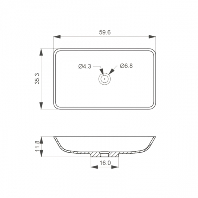 Verona Elvis Rectangle Solid Surface Sit-On Countertop Basin 596mm Wide - 0 Tap Hole