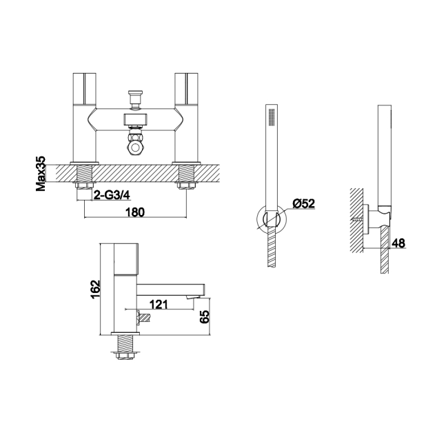 Verona Galleria Matt Black Bath Shower Mixer Tap (inc Kit)  | Dimension Image