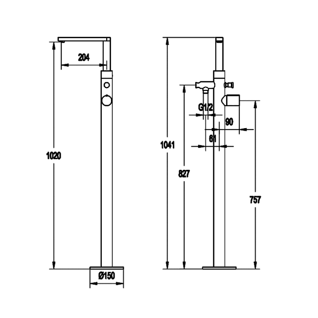 Verona Galleria Matt Black Freestanding Bath Shower Mixer Tap (inc Kit)  | Dimension Image