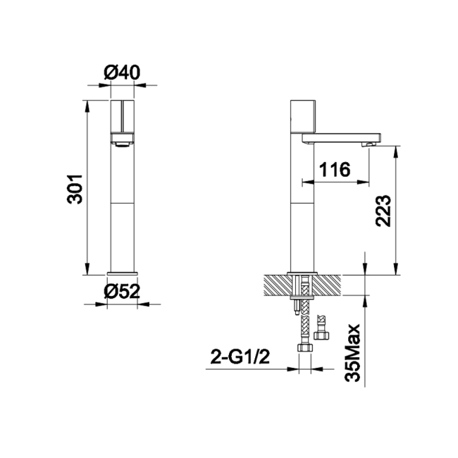 Verona Galleria Matt Black Tall High Rise Basin Mixer Tap (inc Waste)  | Dimension Image