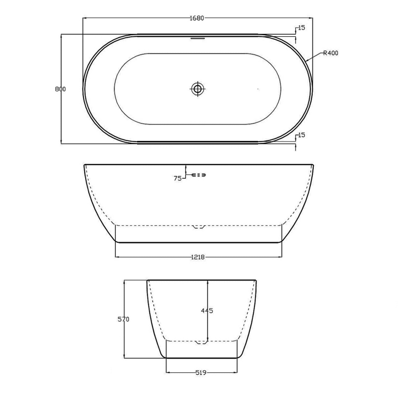 Verona Graphite Summit Freestanding Double Ended Bath 1680mm x 800mm - Black Outer