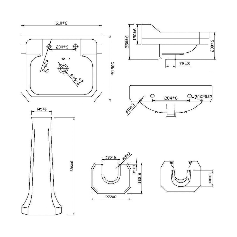 Verona Holborn Basin with Full Pedestal 610mm Wide - 2 Tap Hole