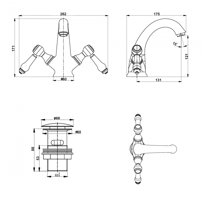 Verona Holborn Mono Basin Mixer Tap Dual Handle with Click-Clack Waste - Chrome