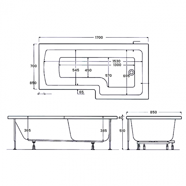 Verona Edge Complete L-Shaped Shower Bath 1700mm x 700mm/850mm - Right Handed
