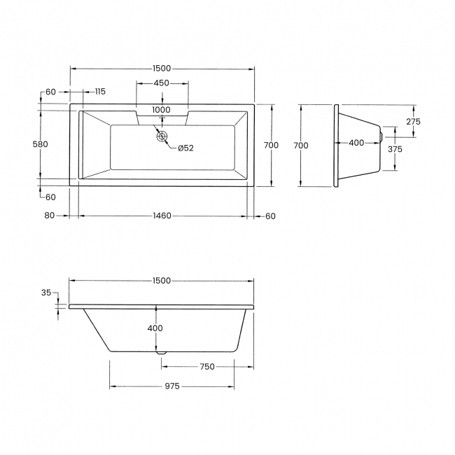 Verona Legend Single Ended Rectangular Acrylic Bath 1500mm x 700mm