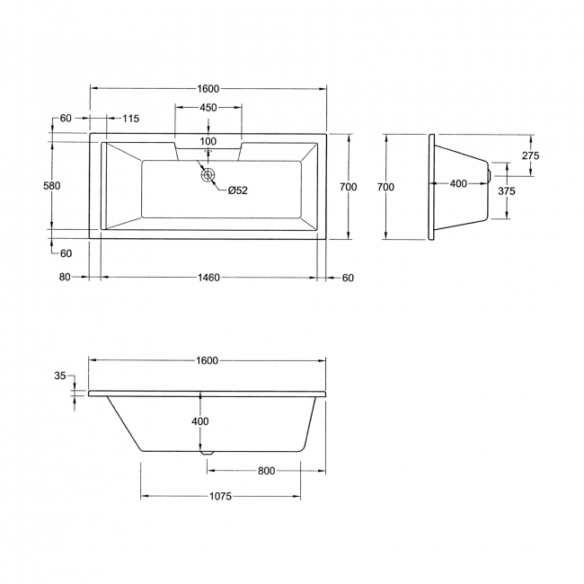 Verona Legend Single Ended Rectangular Acrylic Bath 1600mm x 700mm