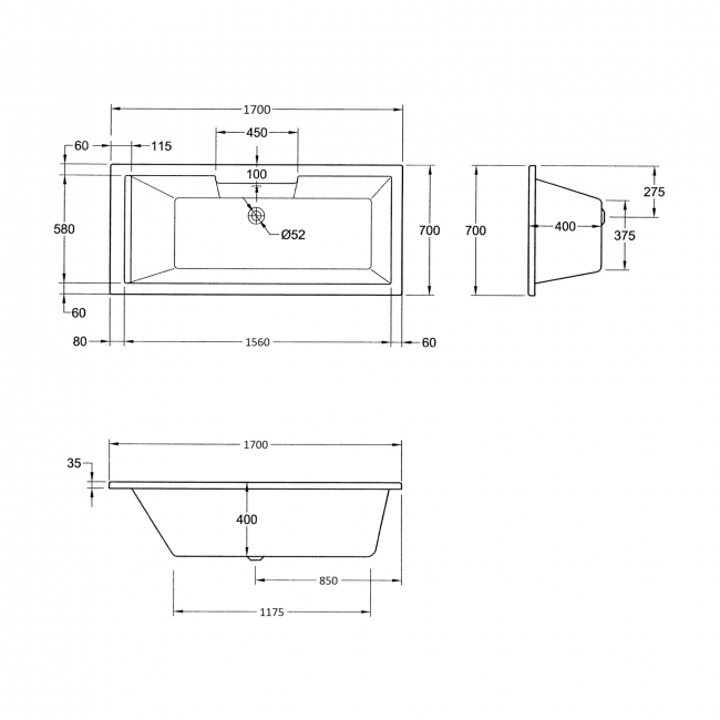 Verona Legend Single Ended Rectangular Acrylic Bath 1700mm x 700mm