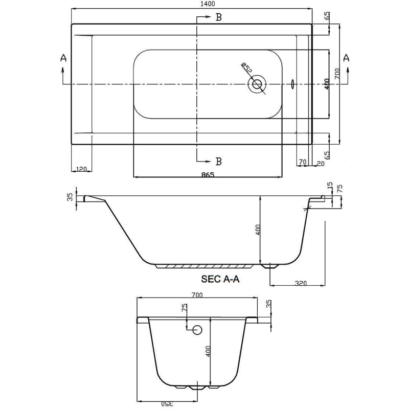 Verona Linear Rectangular Single Ended Bath 1400mm x 700mm Acrylic - 0 Tap Hole