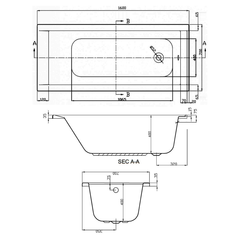Verona Linear Rectangular Single Ended Bath 1600mm x 700mm Acrylic - 0 Tap Hole