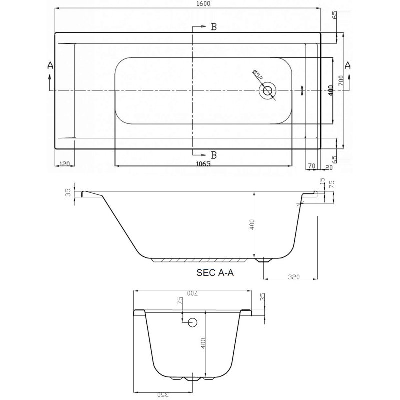 Verona Linear Rectangular Single Ended Bath 1600mm x 700mm Acrylic - 0 Tap Hole