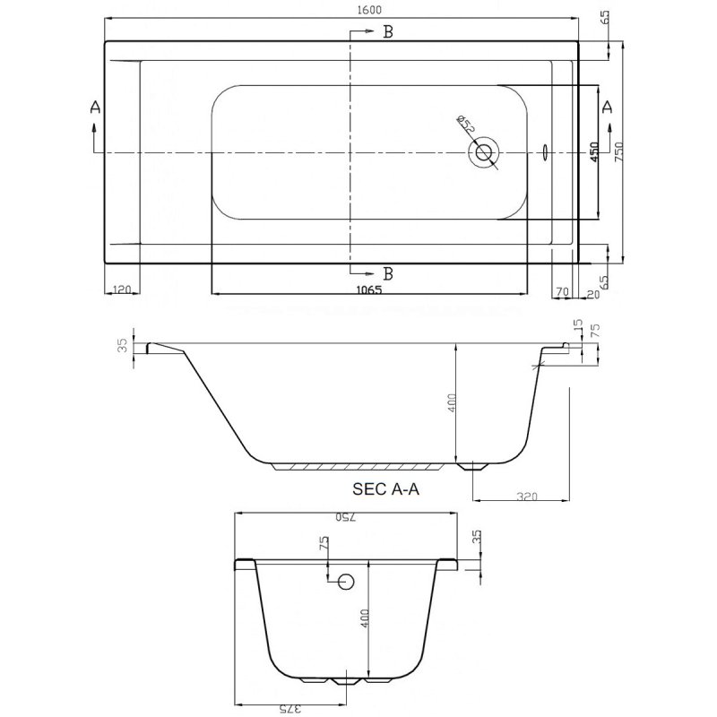 Verona Linear Rectangular Single Ended Bath 1600mm x 750mm Acrylic - 0 Tap Hole