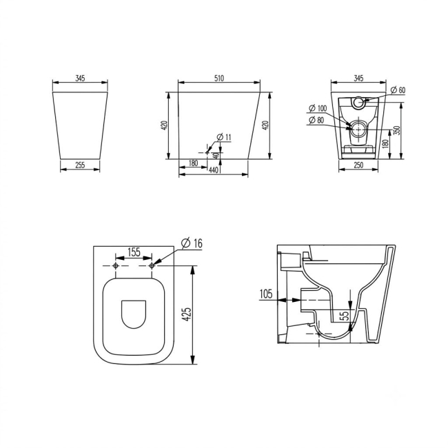 Verona Lovito Black Rimless Back to Wall Toilet (inc Soft Close Seat)  | Dimension Image