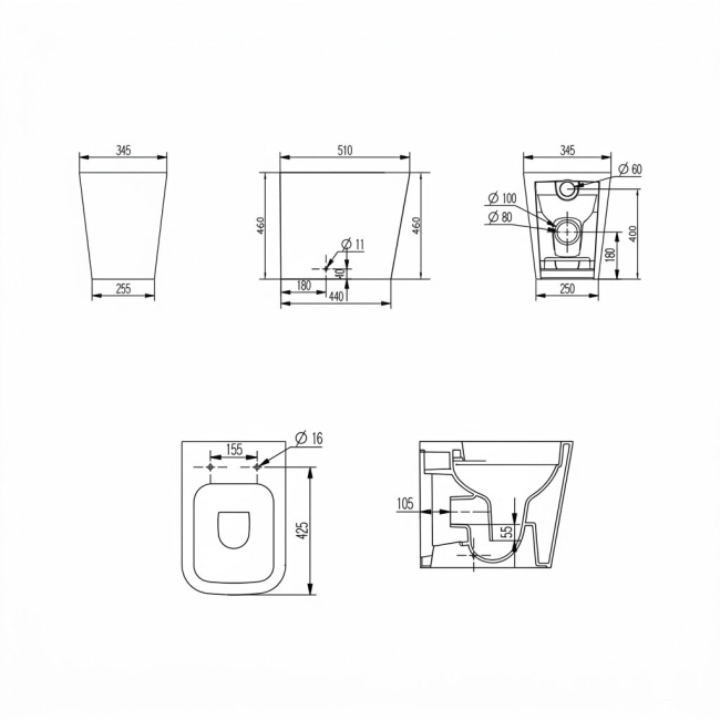 Verona Lovito Rimless Comfort Height Back to Wall Toilet (inc Soft Close Seat)  | Dimension Image